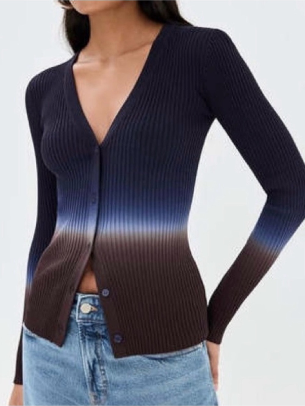 STAUD Ombre Ribbed V-Neck Cardigan in Black and Brown